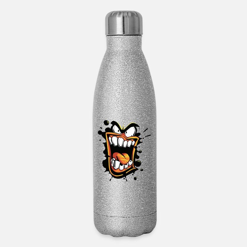 Orange Large öffnete einen schreienden Mund mit verrücktem Blick - Glitzer Isolierflasche 500 ml - Silber Glitzer