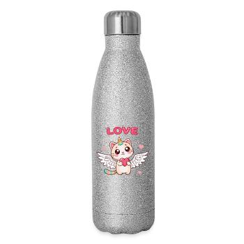 Chat Licorne ailé et cœur enchanté - Gourde isotherme pailletée 500 ml - paillettes argentées - Droite