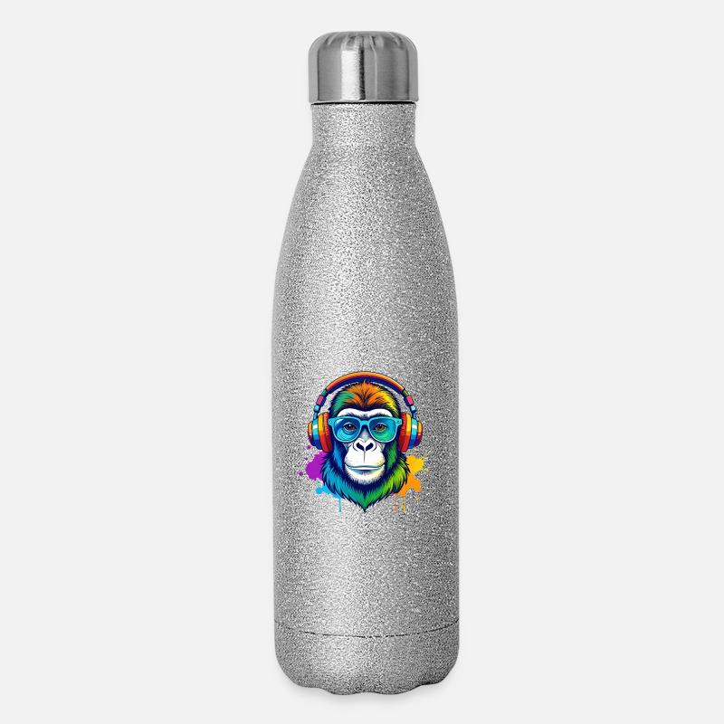 Rainbow Gorilla DJ mit Kopfhörern - Glitzer Isolierflasche 500 ml - Silber Glitzer