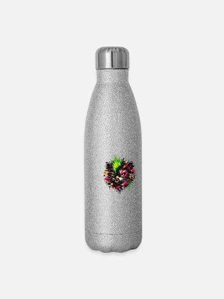 Neon Cat Graffiti Splatter - Glitzer Isolierflasche 500 ml - Silber Glitzer