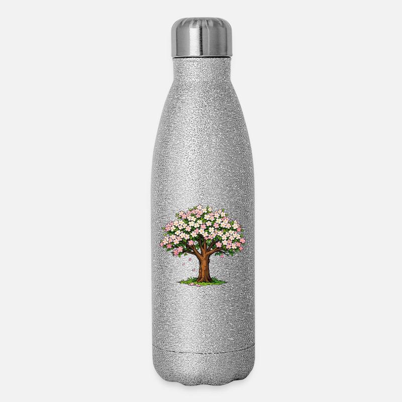 Blütenbaum mit rosa und weißen Blüten - Glitzer Isolierflasche 500 ml - Silber Glitzer