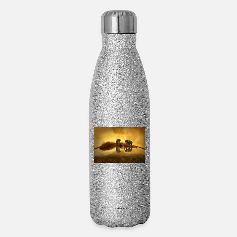 3 graue Elefanten unter gelbem Himmel - Glitzer Isolierflasche 500 ml - Silber Glitzer