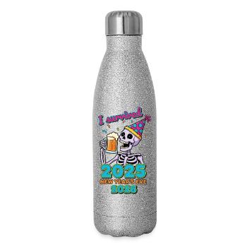 Ich habe die Silvesterparty 2025 überlebt - Glitzer Isolierflasche 500 ml - Silber Glitzer - Rechts