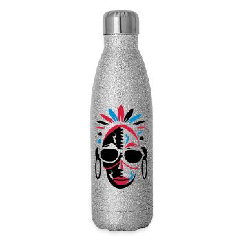 afrikanische Maske mit Sonnenbrille als Stencil - Glitzer Isolierflasche 500 ml - Silber Glitzer - Rechts