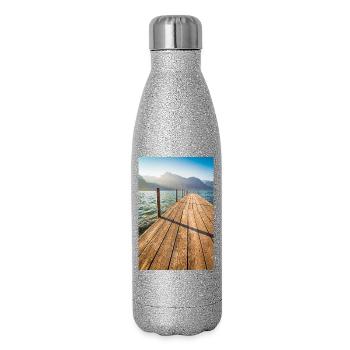 Holzsteg am Bergsee im Sonnenlicht - Glitzer Isolierflasche 500 ml - Silber Glitzer - Rechts