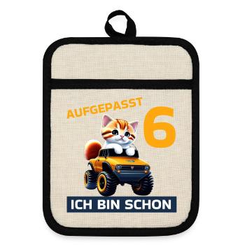 6. Geburtstag Katze auf Monstertruck 6 Jahre alt - Topflappen mit Gummirückseite - Leinen/Schwarz  - Vorne