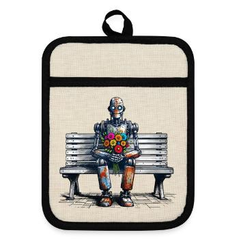 Robot Bench Flowers Robot Love Rusty Art - Pot holders with rubber back - linen/black  - Front