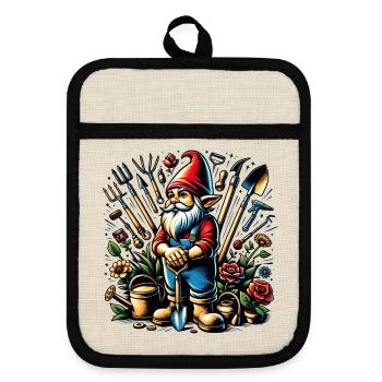Colorful, living garden gnome surrounded by tools - Pot holders with rubber back - linen/black  - Front