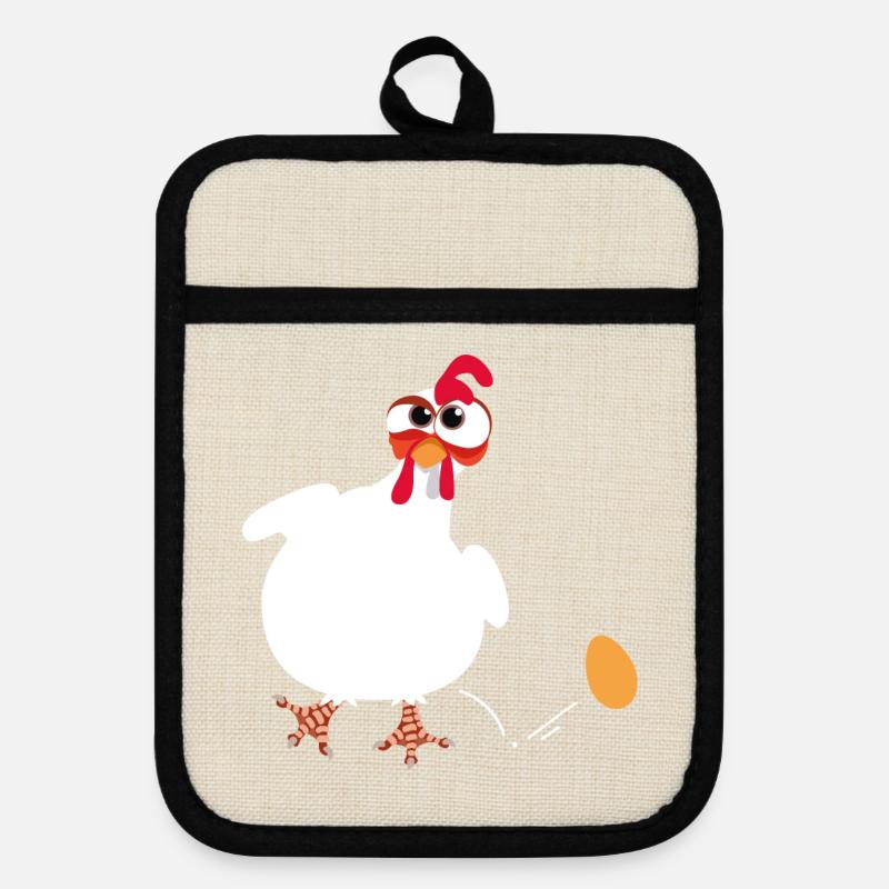 White hen lays an egg funny comic drawing - Pot holders with rubber back - linen/black 