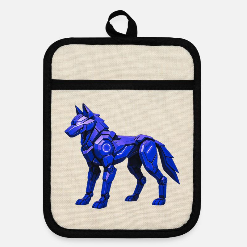 Futuristic Digital Wolf Illustration - Pot holders with rubber back - linen/black