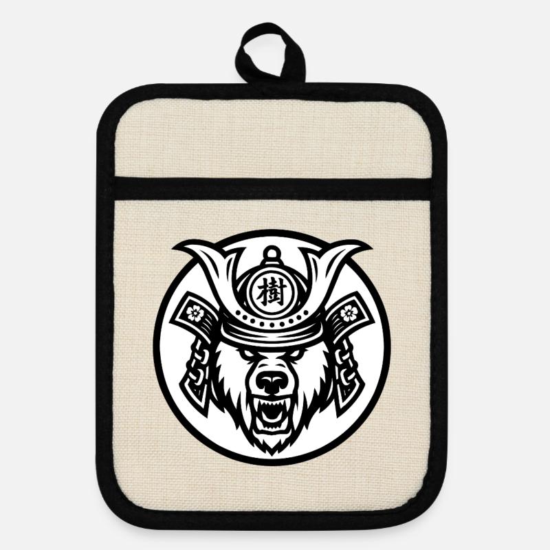 Samurai Bear Ju-1 - Pot holders with rubber back - linen/black 