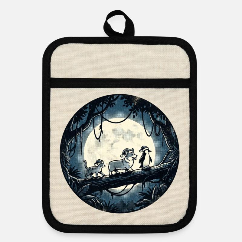 Sentier de la Forêt de Clair de Lune avec Chat, Chien et Pingouin - Maniques avec dos en caoutchouc - lin/noir 