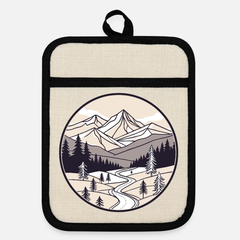 Mountains and Pines Circle - Pot holders with rubber back - linen/black 