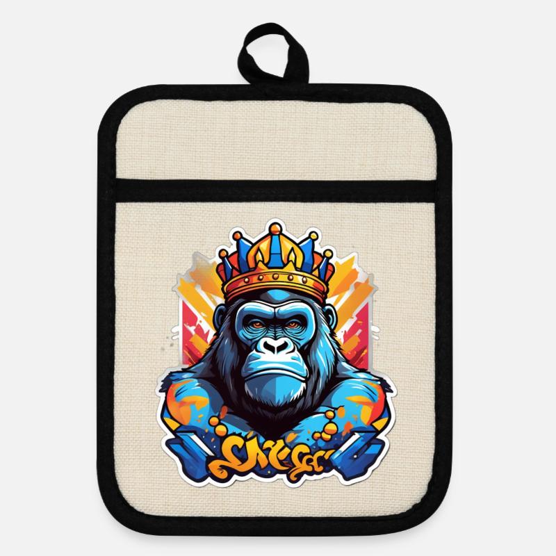 Blue Gorilla Crowned Graffiti - Pot holders with rubber back - linen/black