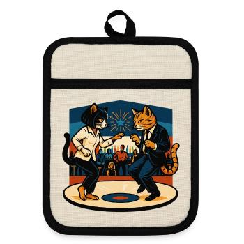 Two Retro Cats Dancing – Vintage Style - Pot holders with rubber back - linen/black  - Front