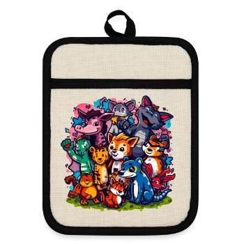 Animals Group Cartoon Colors - Pot holders with rubber back - linen/black  - Front