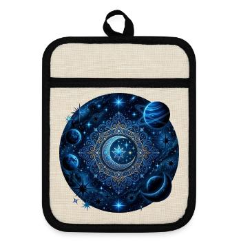 Planètes spatiales Galaxies Étoiles Lunes - Maniques avec dos en caoutchouc - lin/noir  - Devant