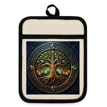 Mystic Tree mit Juwelen und Knoten - Topflappen mit Gummirückseite - Leinen/Schwarz  - Vorne