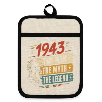 Geburtstag, geboren 1943 – Mannmythos – Legende - Topflappen mit Gummirückseite - Leinen/Schwarz  - Vorne