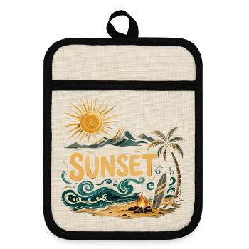 Sonnenuntergang am Strand Surf - Topflappen mit Gummirückseite - Leinen/Schwarz  - Vorne