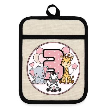 Drei Jahre Tierwelt Geburtstag - Topflappen mit Gummirückseite - Leinen/Schwarz  - Vorne