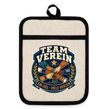 Team Verein – Ein Ziel viele Herzen - Topflappen mit Gummirückseite - Leinen/Schwarz  - Vorne