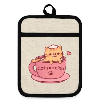 Katzen-Puccino Süße getigerte Katze in Kaffeetasse - Topflappen mit Gummirückseite - Leinen/Schwarz  - Vorne