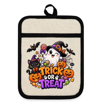 ⚪ Trick or Treat – Geist und Katze - Topflappen mit Gummirückseite - Leinen/Schwarz  - Vorne
