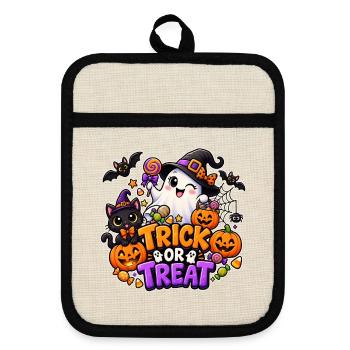 ⚫ Trick or Treat – Geist und Katze - Topflappen mit Gummirückseite - Leinen/Schwarz  - Vorne