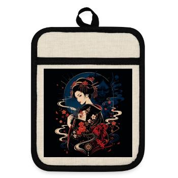 Geisha mit Blumenfächer - Topflappen mit Gummirückseite - Leinen/Schwarz  - Vorne