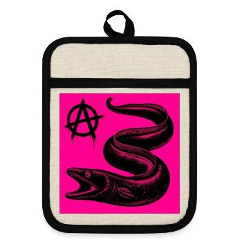 Anarchischer schwarzer Aal auf Neonpink - Topflappen mit Gummirückseite - Leinen/Schwarz  - Vorne