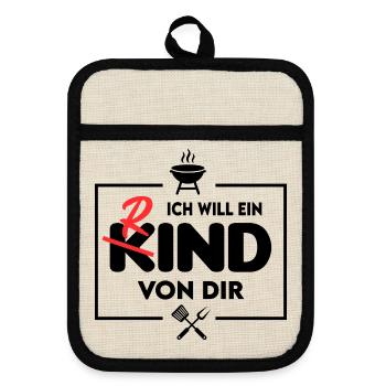 Ein Kind Ein Rind Grillsprüche Chef BBQ Grillparty - Topflappen mit Gummirückseite - Leinen/Schwarz  - Vorne