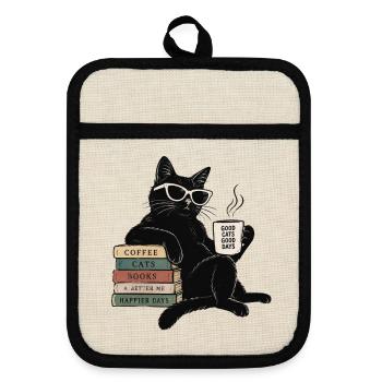 Gute Katzen Gute Tage Kaffee Glücklichere Tage Sonnenbrille - Topflappen mit Gummirückseite - Leinen/Schwarz  - Vorne