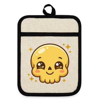 Goldener Kawaii-Schädel mit funkelnden Augen und Röte - Topflappen mit Gummirückseite - Leinen/Schwarz  - Vorne