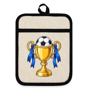 Fußballpokal mit blauen Bändern - Topflappen mit Gummirückseite - Leinen/Schwarz  - Vorne