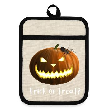 Trick or treat - Kürbis mit Spinne - Topflappen mit Gummirückseite - Leinen/Schwarz  - Vorne