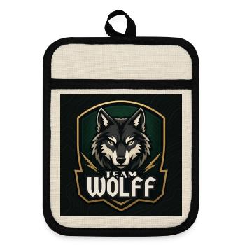 Team Wolf Namensschild Familienname Firma Name - Topflappen mit Gummirückseite - Leinen/Schwarz  - Vorne