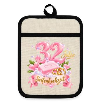32 Jahre Hochzeitstag Seifenhochzeit  - Topflappen mit Gummirückseite - Leinen/Schwarz  - Vorne