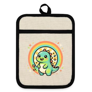 Süßer Dino Regenbogen Glow - Topflappen mit Gummirückseite - Leinen/Schwarz  - Vorne