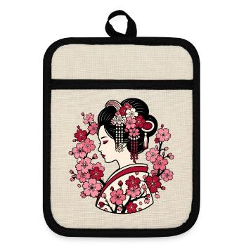 Geisha Silhouette mit Kirschblüten Japan Motiv - Topflappen mit Gummirückseite - Leinen/Schwarz  - Vorne