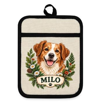 Hund Milo mit Blumenkranz - Topflappen mit Gummirückseite - Leinen/Schwarz  - Vorne