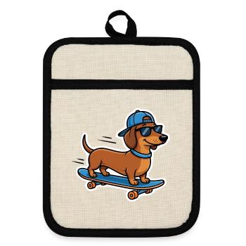 Cooler Dackel Skateboard Hund Skater T-Shirt - Topflappen mit Gummirückseite - Leinen/Schwarz  - Vorne