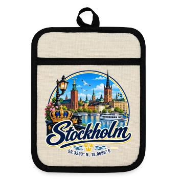 Stockholm - Sverige - Sweden - Schweden schwedisch - Topflappen mit Gummirückseite - Leinen/Schwarz  - Vorne