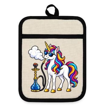 Einhorn mit Shisha – Fantasievolles Motiv - Topflappen mit Gummirückseite - Leinen/Schwarz  - Vorne