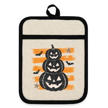 Halloween-Kürbisse auf orangefarbenen Streifen - Topflappen mit Gummirückseite - Leinen/Schwarz  - Vorne