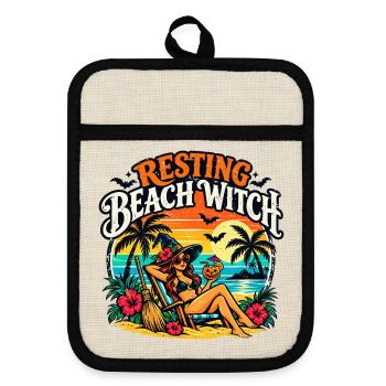 Resting Beach Witch Tropisches lustiges Halloween - Topflappen mit Gummirückseite - Leinen/Schwarz  - Vorne