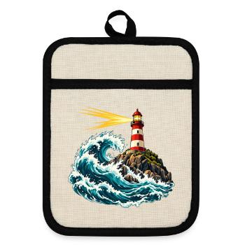 Leuchtturm über einer schwingenden Welle - Topflappen mit Gummirückseite - Leinen/Schwarz  - Vorne