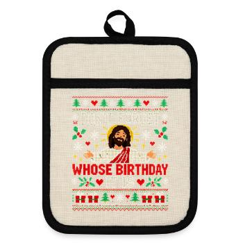 Weihnachtspullover Jesus Geburtstag nicht vergessen - Topflappen mit Gummirückseite - Leinen/Schwarz  - Vorne