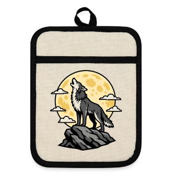 Heulender Wolf Vollmond Nacht Wildnis Vektor Shirt - Topflappen mit Gummirückseite - Leinen/Schwarz  - Vorne