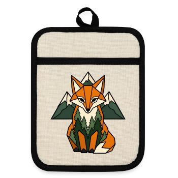 Fuchs Berge Tannen Geometrisch Natur Vektor Shirt - Topflappen mit Gummirückseite - Leinen/Schwarz  - Vorne